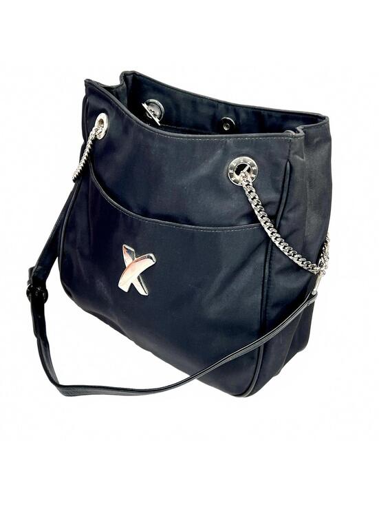 Paloma Picasso Handbags - Vintage Paloma Picasso Shoulder Bag,'X' logo, black nylon/Leather, chain strap
